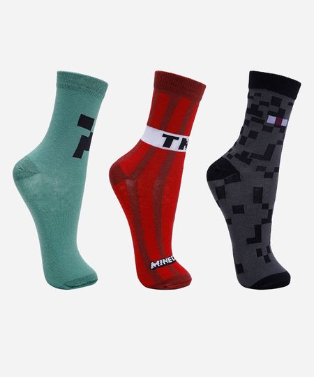 kit de 3 meias cano alto infantil minecraft colorido 26-29 kit de 3 meias cano alto infantil minecraft colorido 26-29