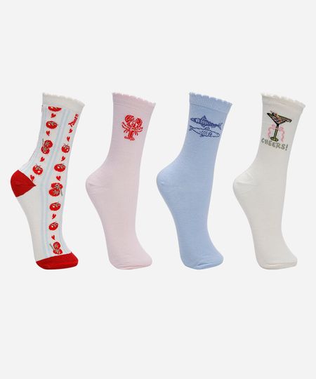 kit de 4 meias cano alto estampadas colorido 34-39