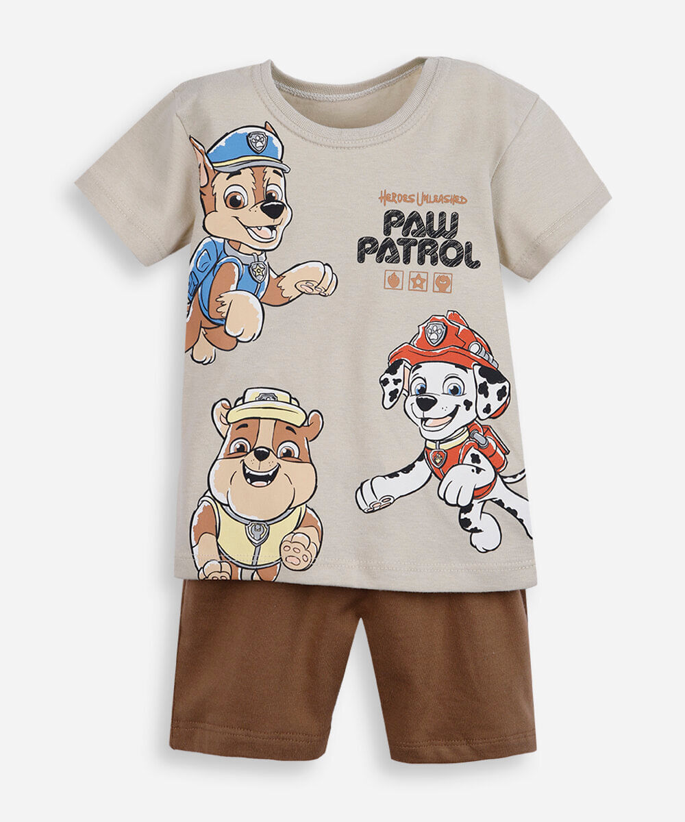 conjunto curto infantil de algodão patrulha canina bege