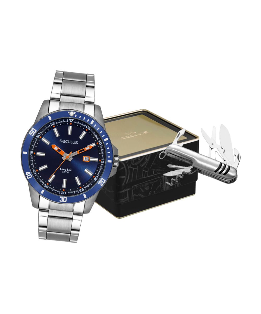 kit relógio masculino seculus analógico calendário 44204g0svna2kd prateado