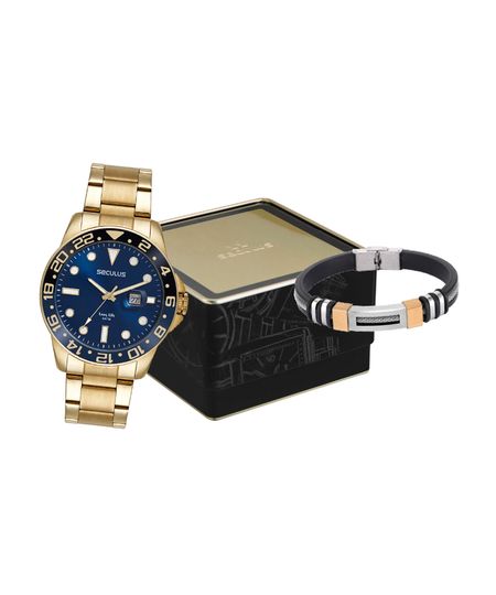 kit relógio masculino seculus analógico calendário 44210gpsvda3kc dourado UNICO kit relógio masculino seculus analógico calendário 44210gpsvda3kc dourado UNICO