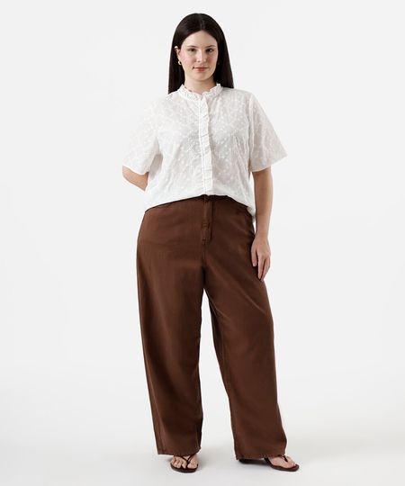 calça wide leg feminina  de sarja cós elástico plus size marrom 46