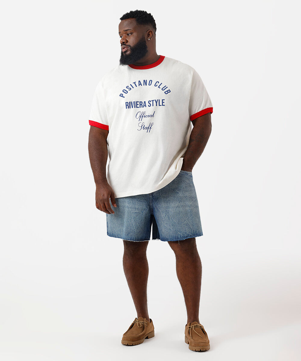 short reto masculino jeans com barra a fio azul
