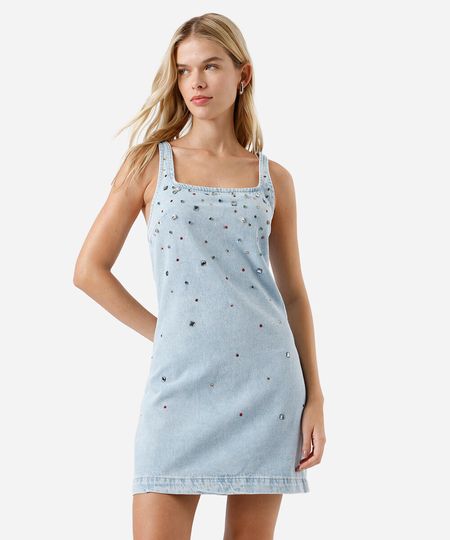 vestido curto feminino jeans com brilhos azul PP