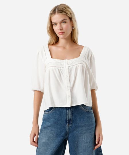 blusa com linho decote quadrado manga bufante off white PP