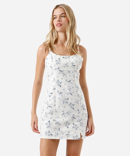 vestido curto alça fina de sarja com fenda floral off white P vestido curto alça fina de sarja com fenda floral off white P