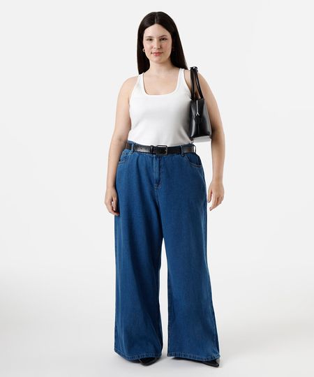calça wide leg feminina jeans cós elástico plus size azul 50