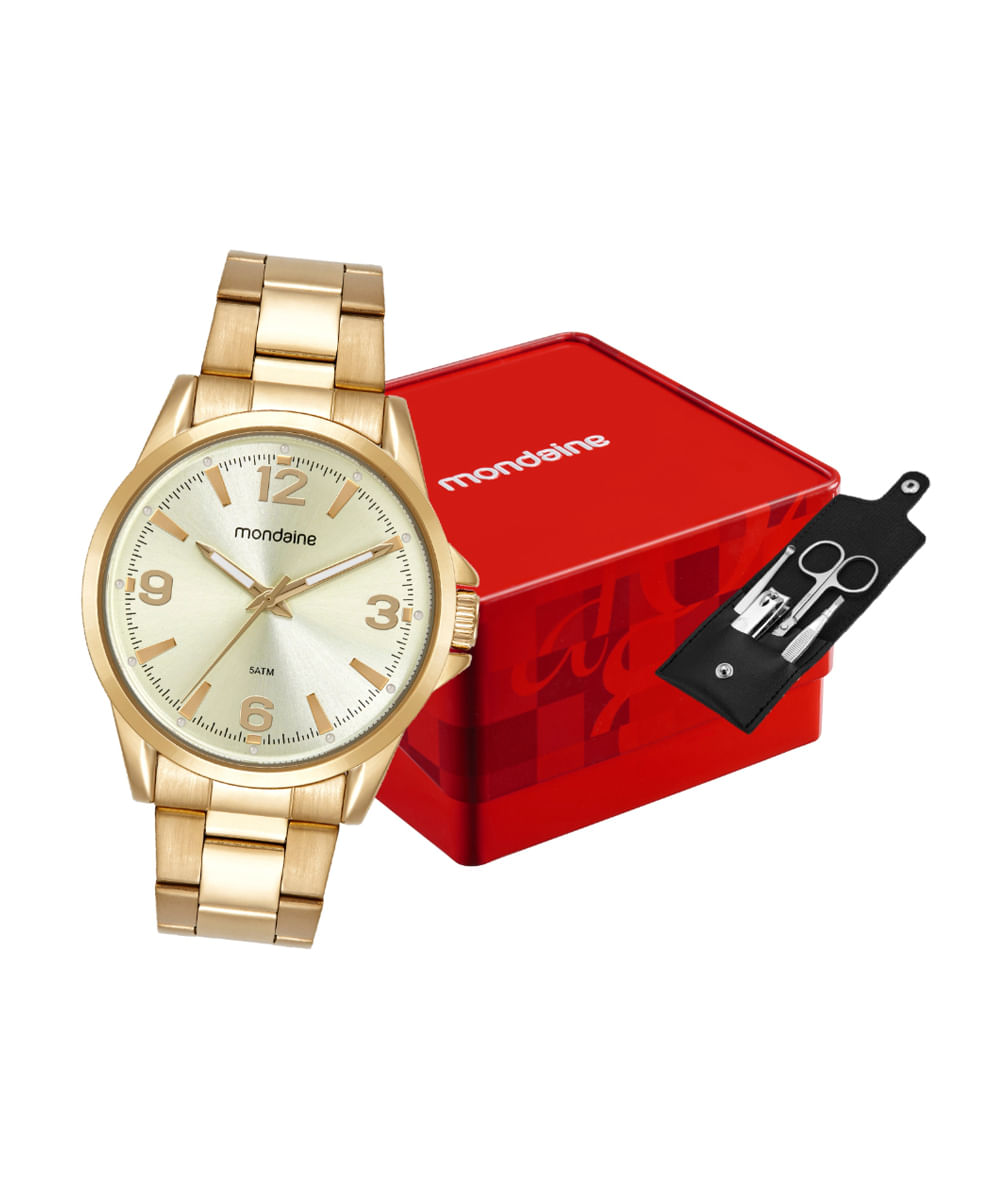 kit relógio masculino mondaine analógico 99807gpmvde5kc dourado