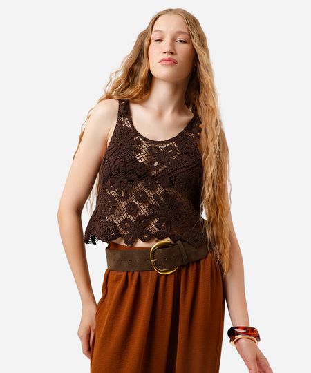 regata feminina de crochet floral marrom G