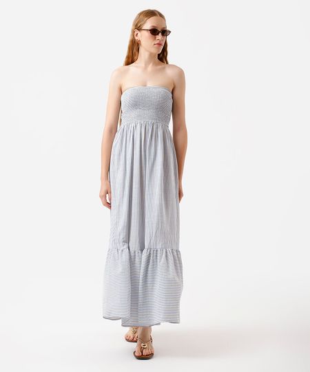 vestido longo sem alça feminino com viscose listrado azul P vestido longo sem alça feminino com viscose listrado azul P
