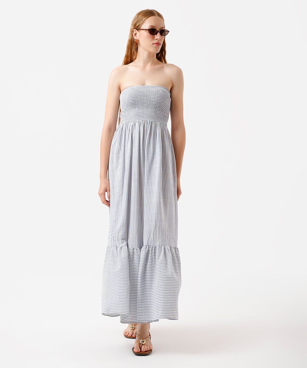 vestido longo sem alça feminino com viscose listrado azul