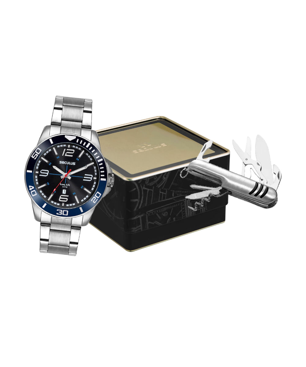 kit relógio masculino mondaine analógico calendário 44212g0svna1kc prateado