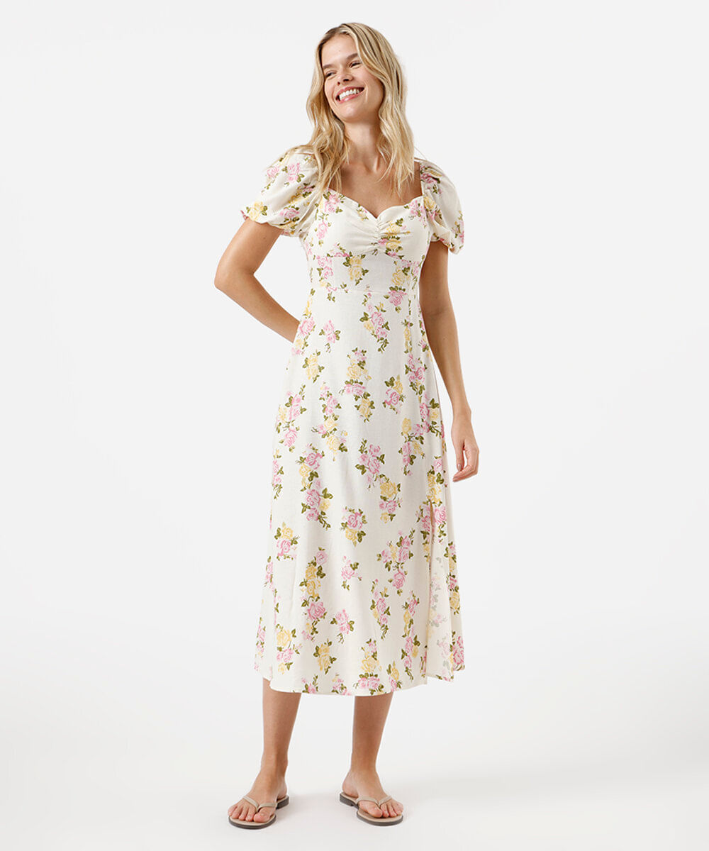 vestido midi feminino com linho floral off white