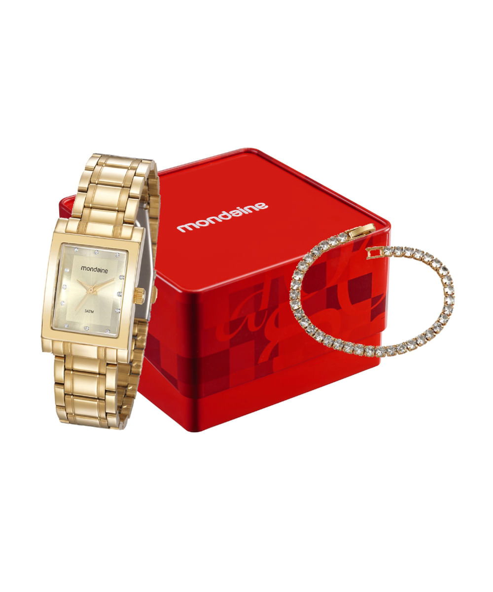 kit relógio feminino mondaine analógico 32103lpmvde1kc dourado