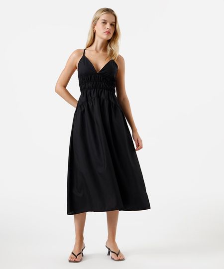 vestido midi feminino alça fina franzido preto G vestido midi feminino alça fina franzido preto G