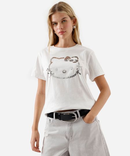 camiseta feminina de algodão bordada paetê hello kitty off white PP camiseta feminina de algodão bordada paetê hello kitty off white PP