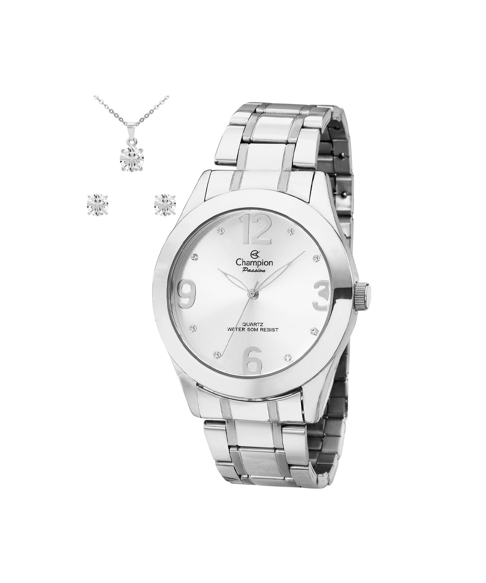 kit relógio feminino champion analógico ch24268b prateado