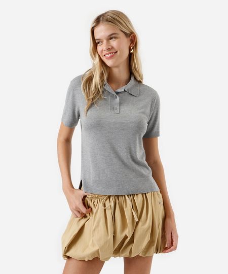 polo feminina de tricot manga curta cinza PP
