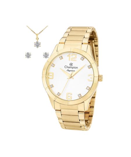 kit relógio feminino champion analógico cn26055w dourado UNICO