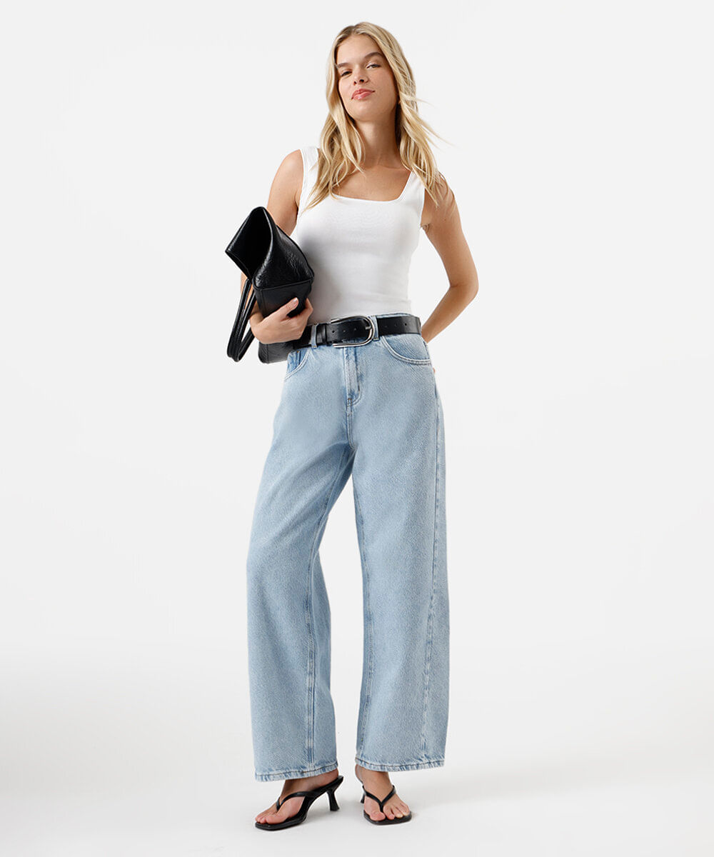 calça oversized feminina jeans com recorte azul