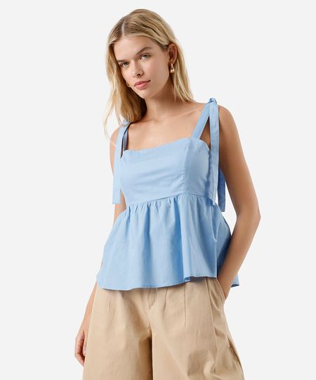 blusa feminina de algodão evasê com amarração azul P blusa feminina de algodão evasê com amarração azul P