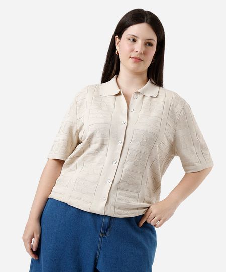 camisa feminina de tricot floral mindset plus size bege GG1