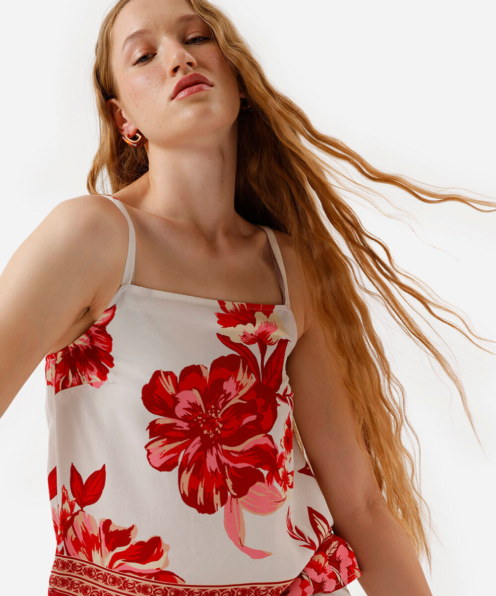 blusa alça fina feminina de viscose floral bege