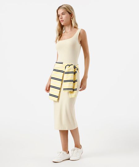 vestido midi feminino de algodão decote quadrado básico amarelo M vestido midi feminino de algodão decote quadrado básico amarelo M