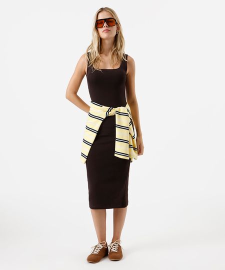 vestido midi feminino de algodão decote quadrado básico marrom GG vestido midi feminino de algodão decote quadrado básico marrom GG