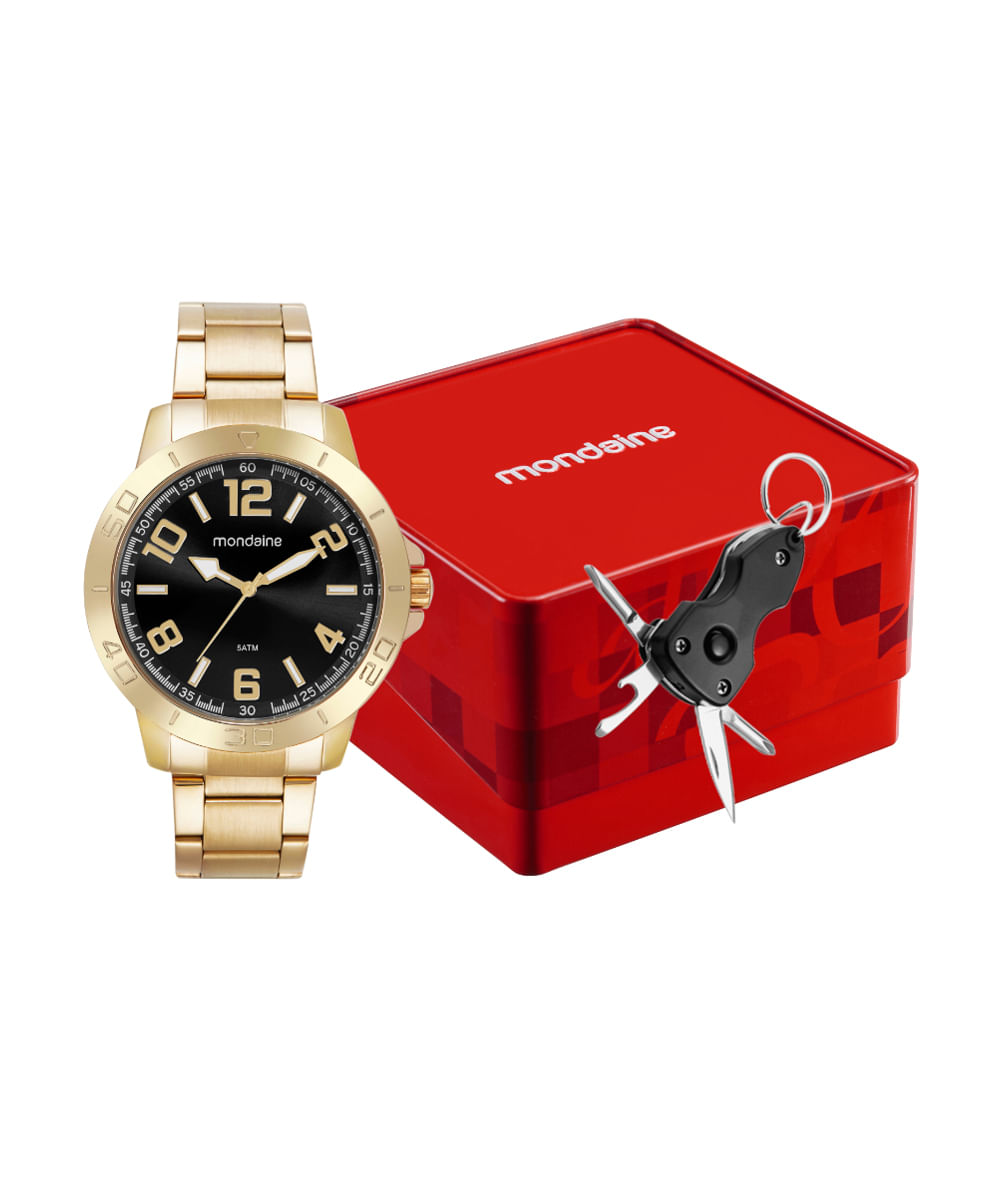 kit relógio masculino mondaine analógico 99696gpmvde2ka dourado