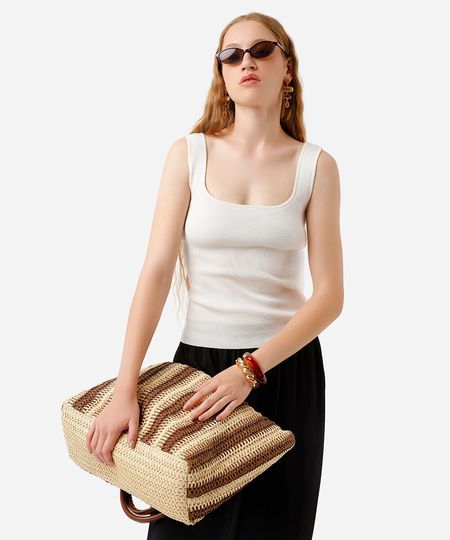 regata feminina de tricot decote quadrado off white P regata feminina de tricot decote quadrado off white P