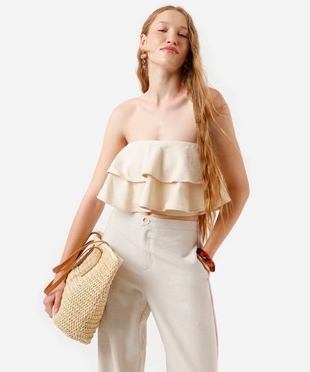 cropped sem alça feminino de sarja com babados amarelo PP