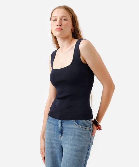 regata feminina de tricot decote quadrado azul PP