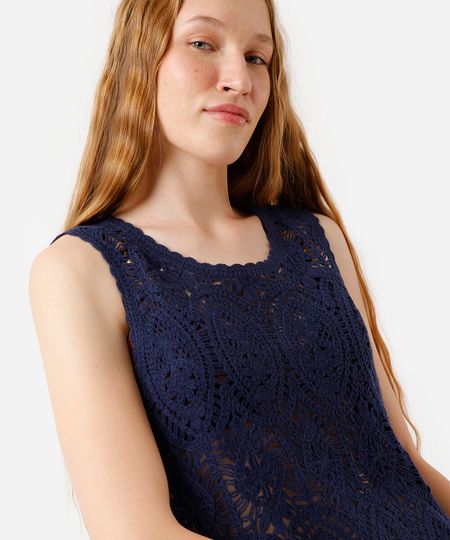 regata feminina de crochê floral azul M