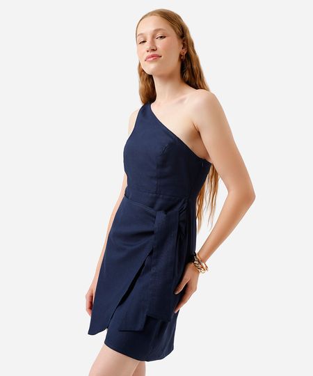 vestido curto ombro único feminino com linho azul P vestido curto ombro único feminino com linho azul P