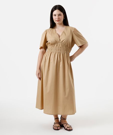 vestido midi feminino de algodão manga curta franzido plus size bege GG3