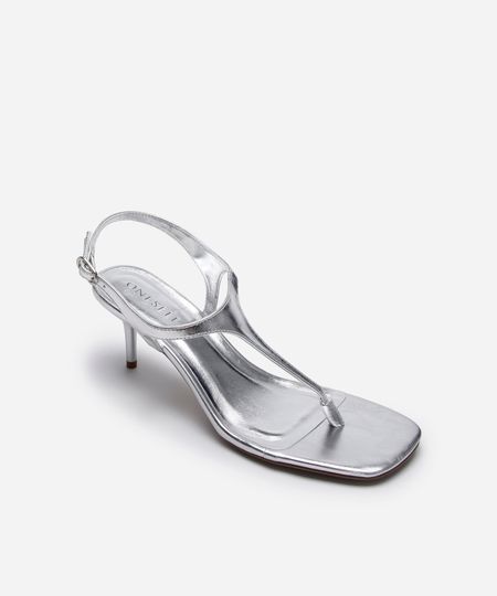 sandália bico quadrado salto fino texturizada oneself prateado 35