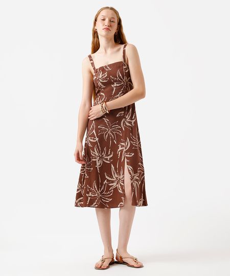 vestido midi alça fina feminino de viscose folhagens marrom P vestido midi alça fina feminino de viscose folhagens marrom P