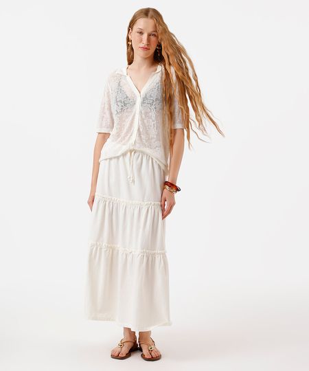 saia midi feminina de sarja com recortes off white M saia midi feminina de sarja com recortes off white M