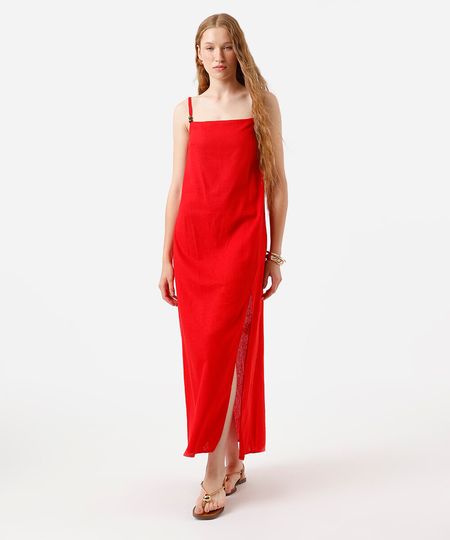 vestido longo alça fina feminino com linho e fenda vermelho P vestido longo alça fina feminino com linho e fenda vermelho P