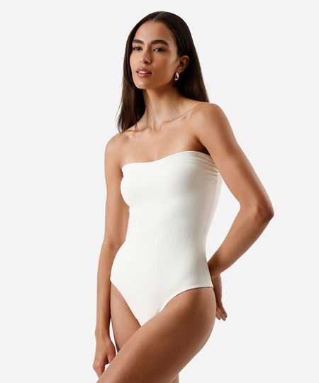 maiô sem alça feminino franzido off white P maiô sem alça feminino franzido off white P