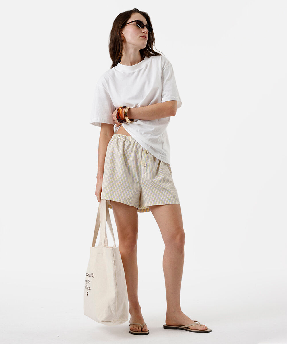 short estilo pijama feminino de algodão listrado amarelo