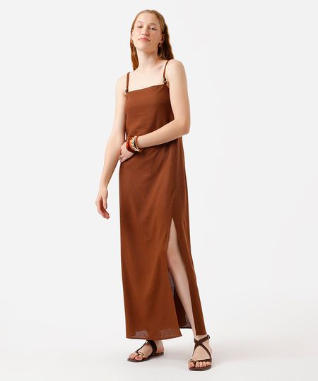 vestido longo alça fina feminino com linho e fenda marrom P vestido longo alça fina feminino com linho e fenda marrom P