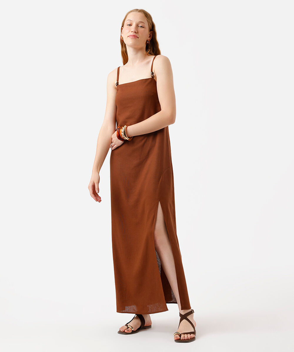 vestido longo alça fina feminino com linho e fenda marrom