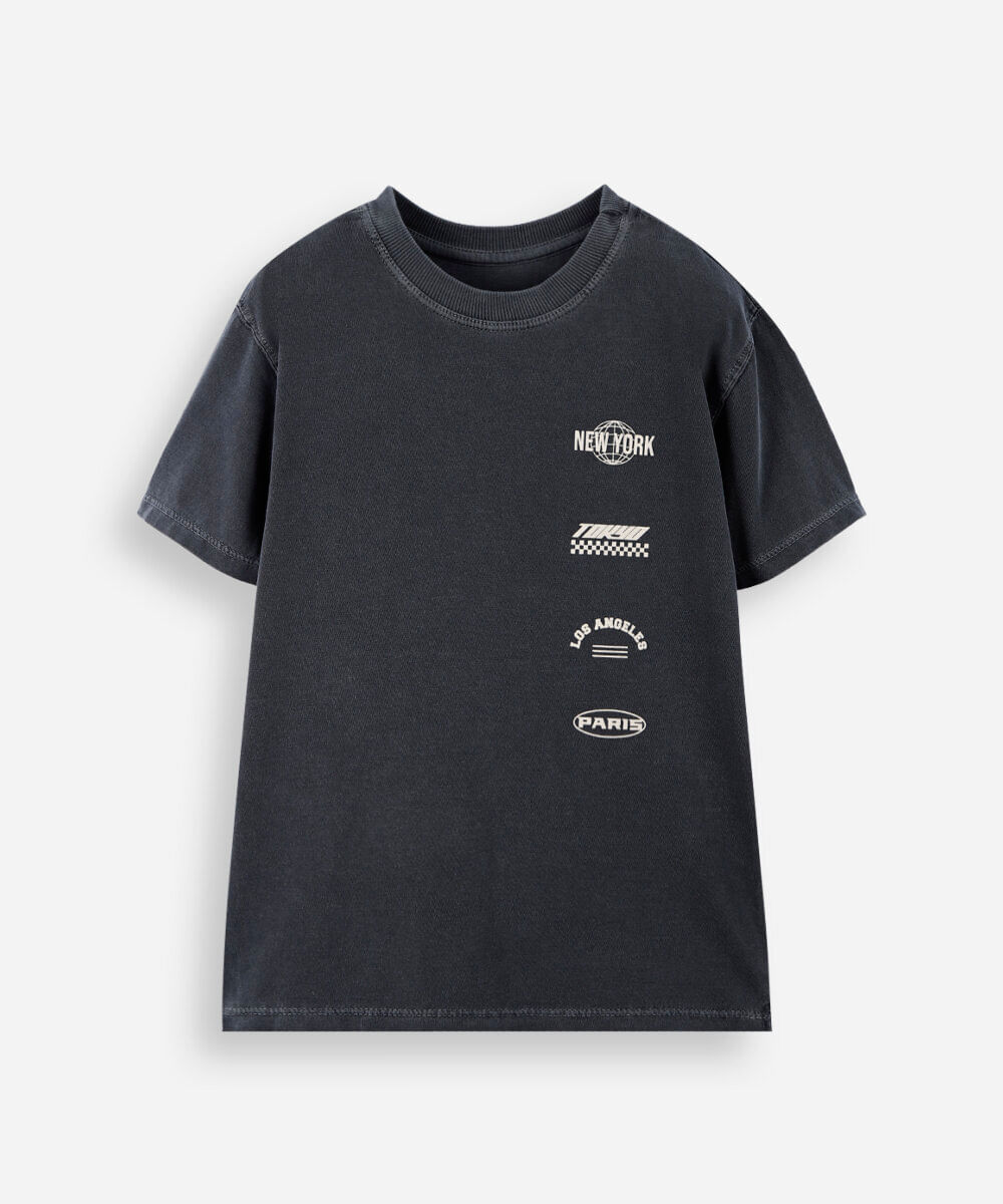 camiseta infantil de algodão racing badges cinza