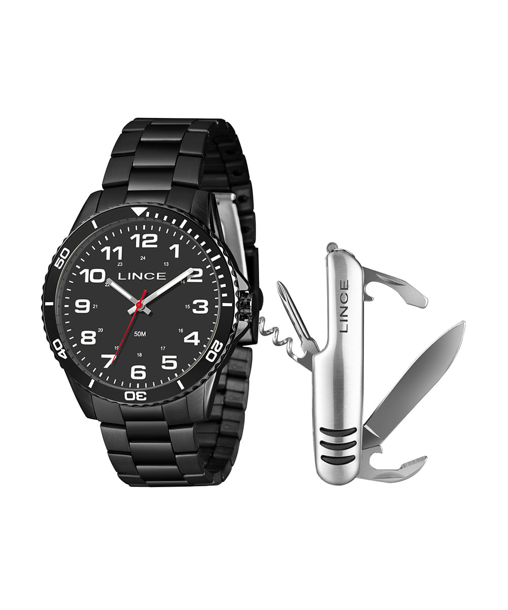 kit relógio masculino lince analógico mrnm053l46 kaehp2px preto