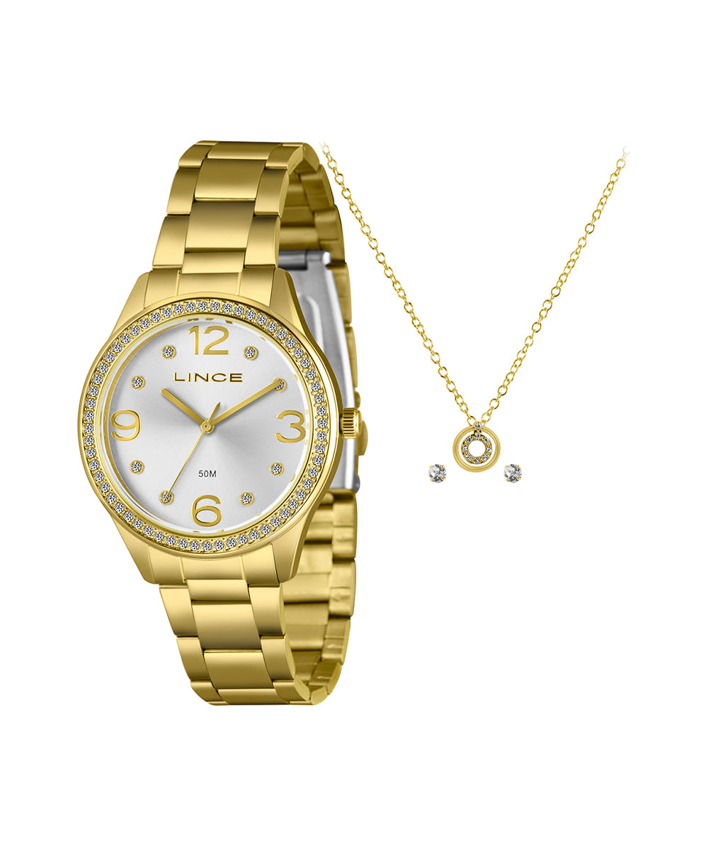 kit relógio feminino lince analógico lrgj172l38 kaahs2kx dourado