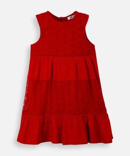 vestido evasê infantil de viscose com bordados vermelho 3
