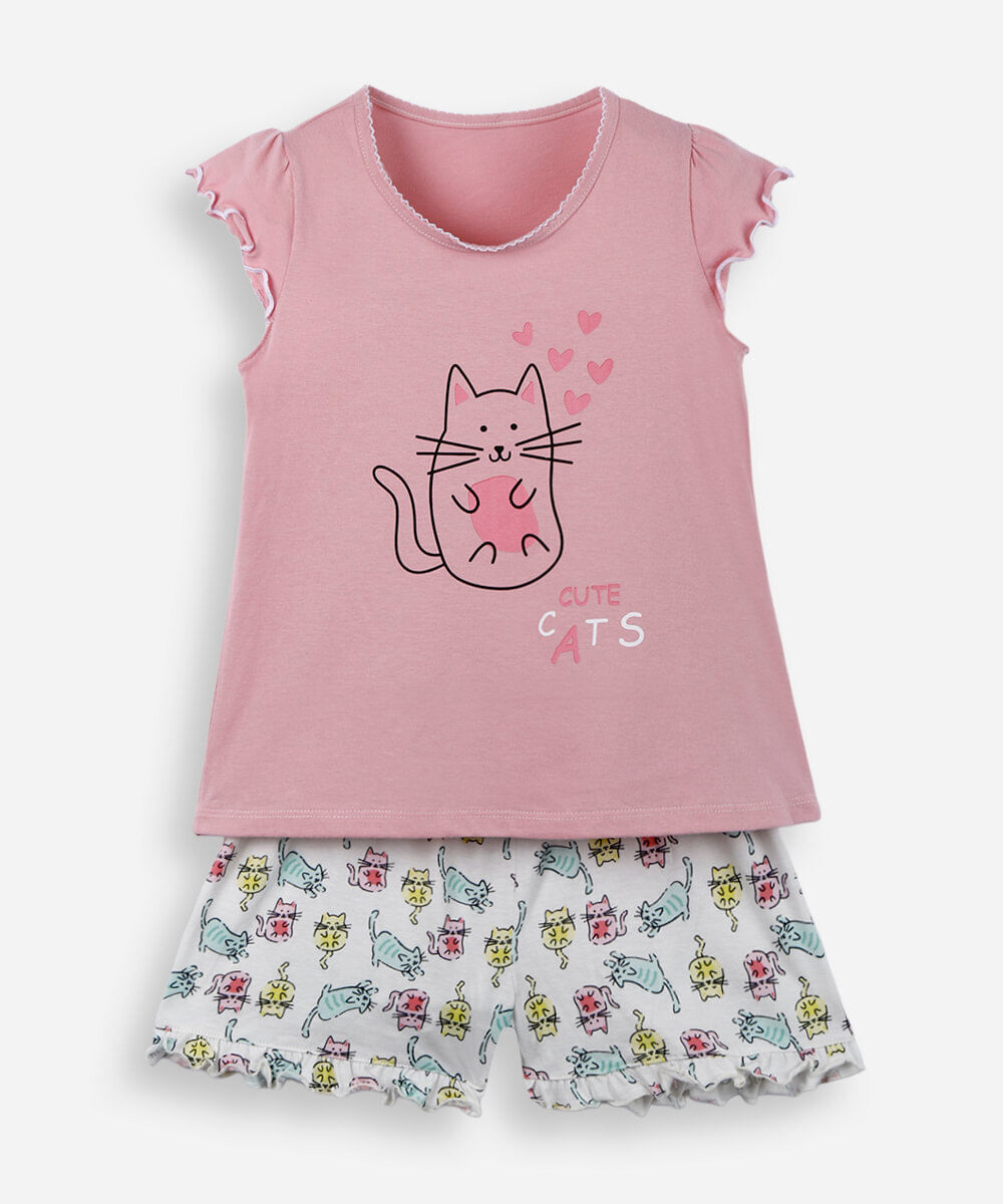 pijama infantil de algodão com estampa de gatos lupo rosa
