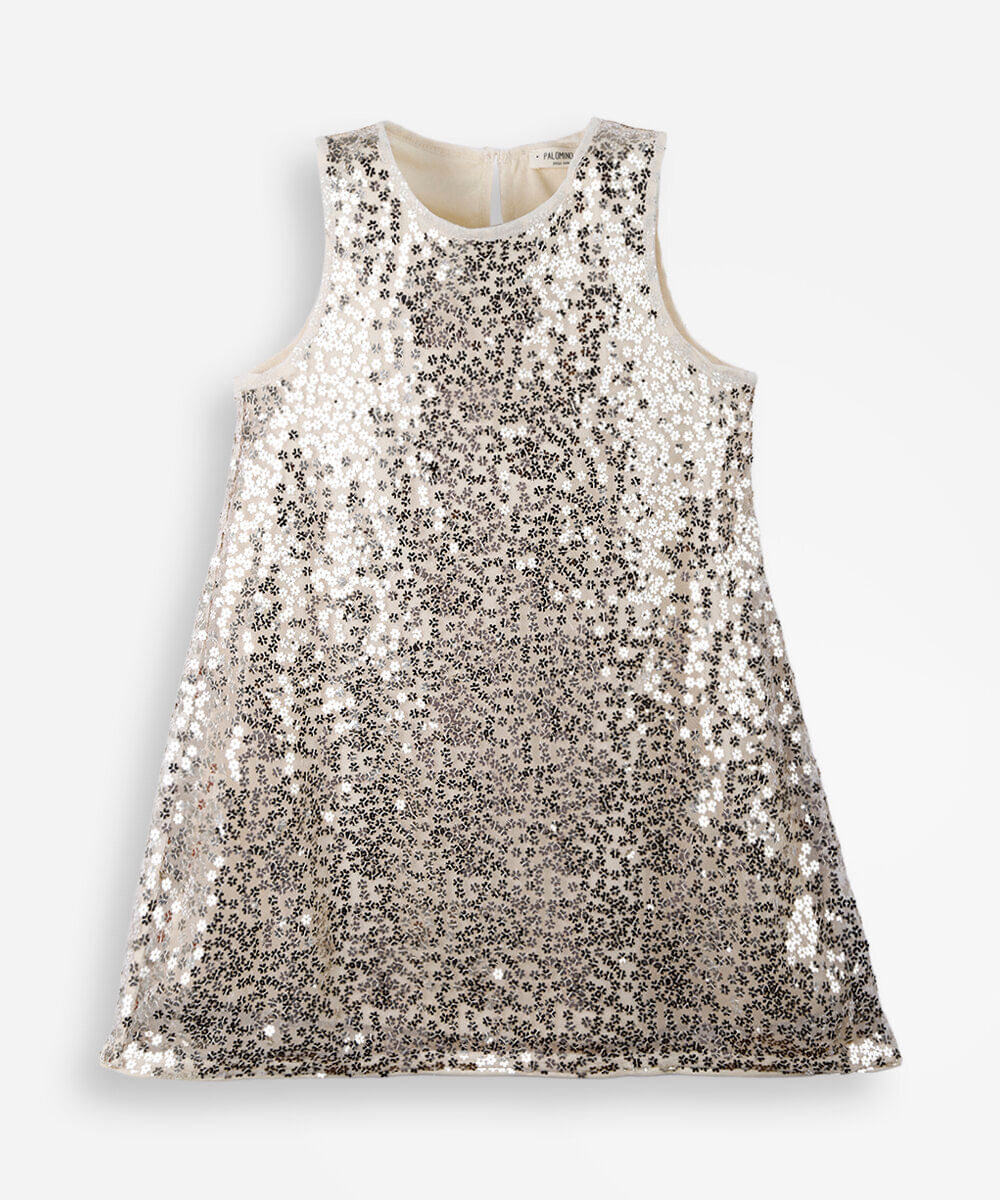 vestido evasê infantil de paetê dourado